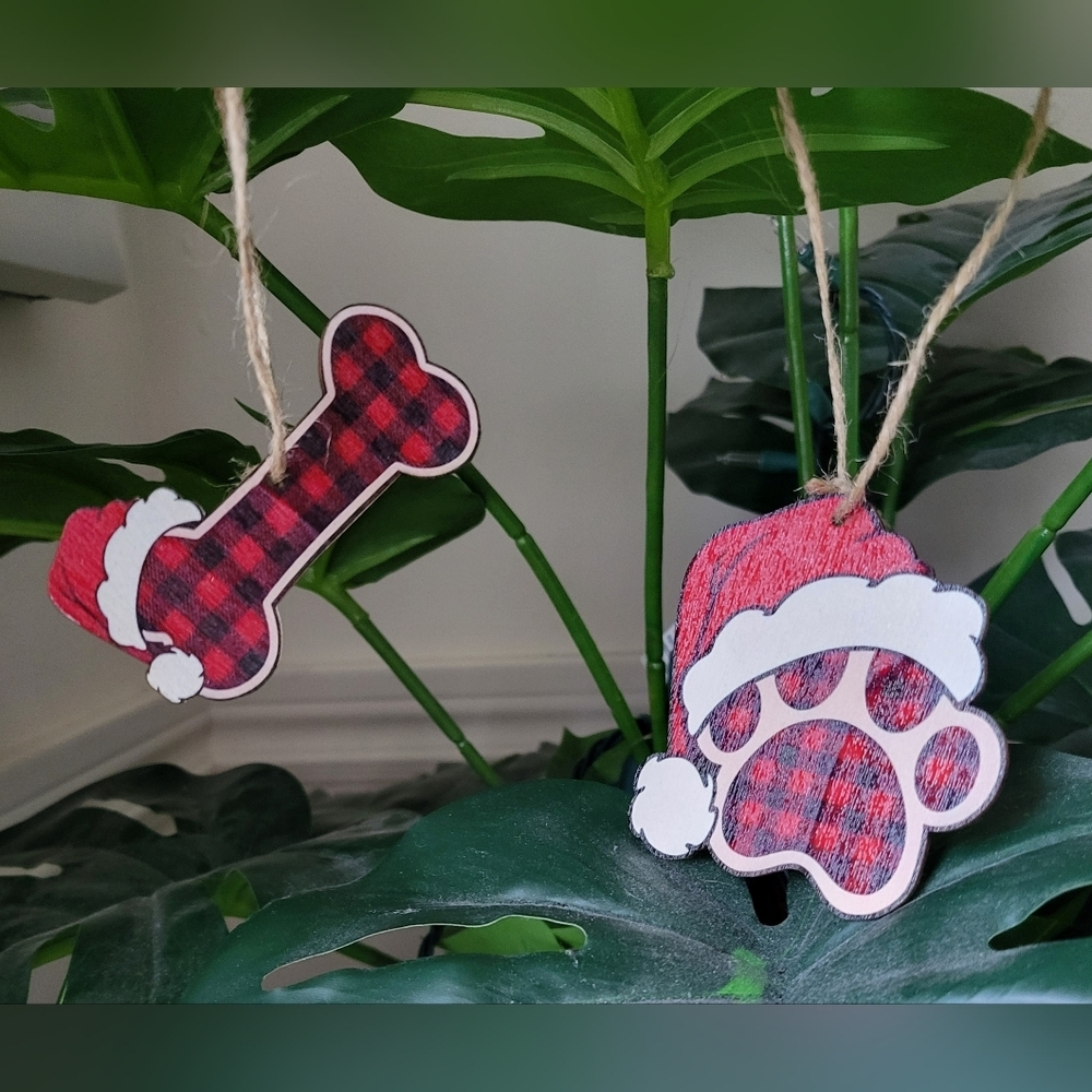 Plaid Dog Paw and Bone Ornaments